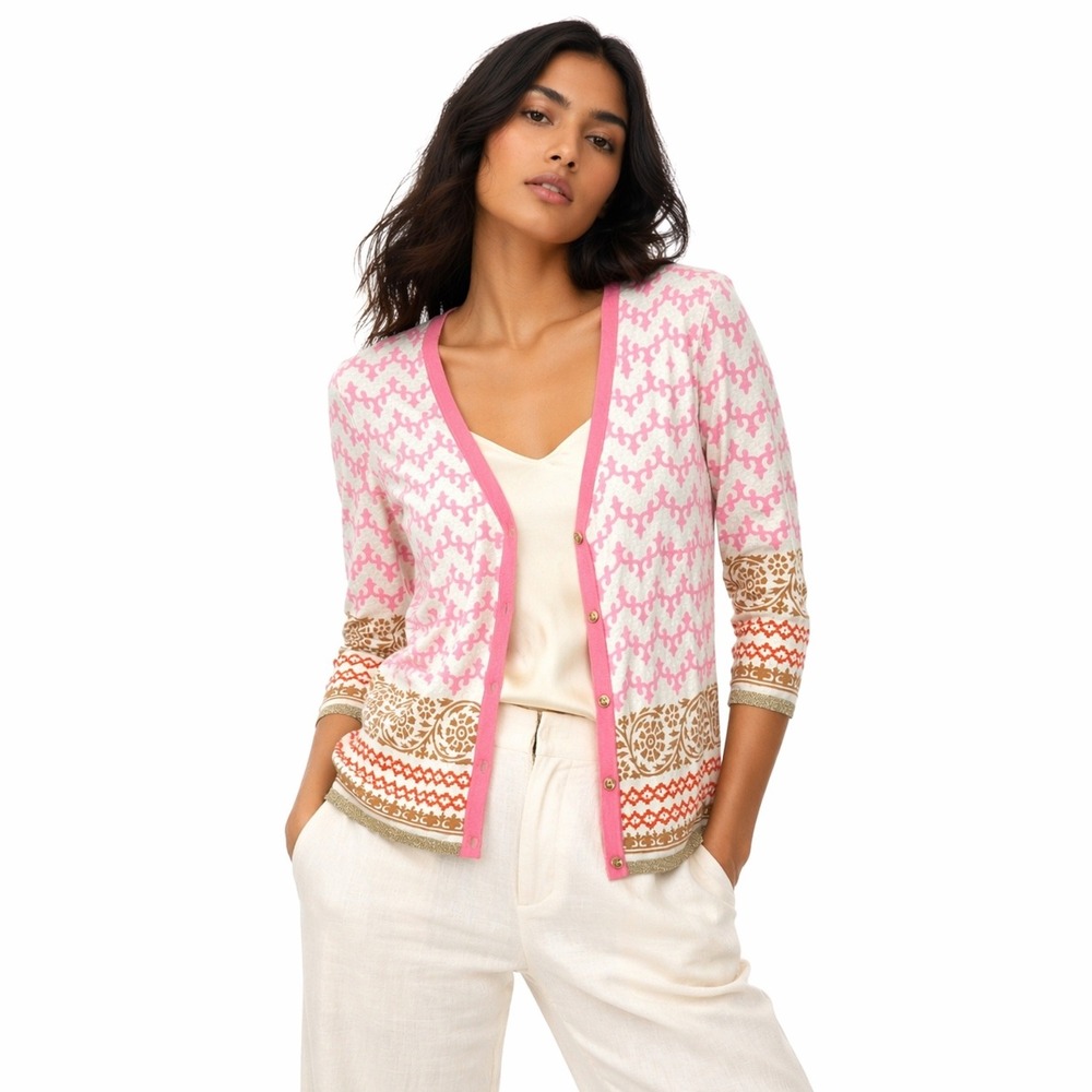 J.McLaughlin Women Cardigan Pink‎ S Preppy Geometric Metallic Trim 3/4 Sleeve